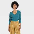 Women's Long Sleeve Ribbed Scoop Neck T-shirt - A New Day Teal
