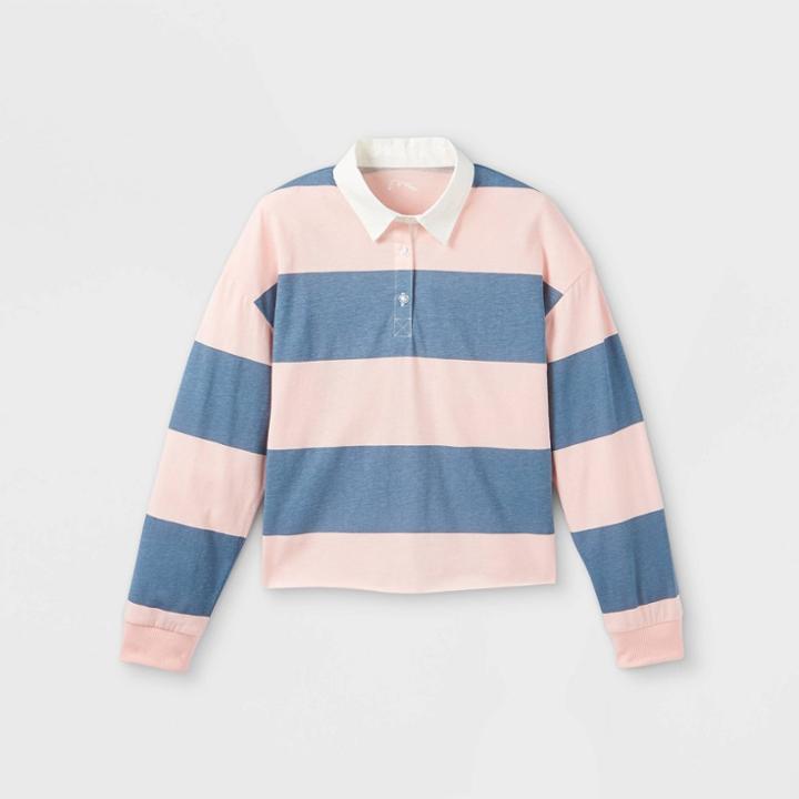 Girls' Rugby Striped Polo Long Sleeve T-shirt - Art Class Blue/pink