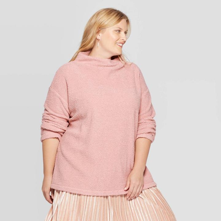 Women's Plus Size Long Sleeve Turtleneck Sherpa Pullover - Ava & Viv Pink 1x, Women's,