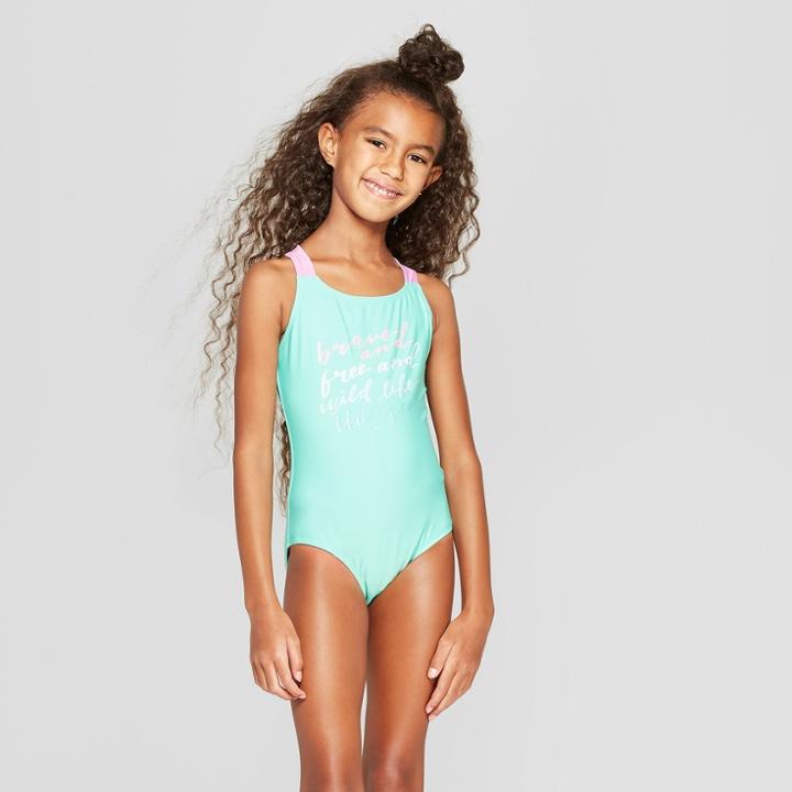 Girls' Brave The Waves One Piece Swimsuit Set - Cat & Jack Aqua