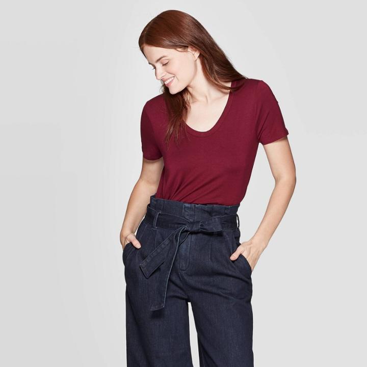 Women's Short Sleeve U-neck T-shirt - A New Day Burgundy (red)