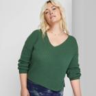 Women's Plus Size V-neck Ribbed Pullover Sweater - Wild Fable Dark Green