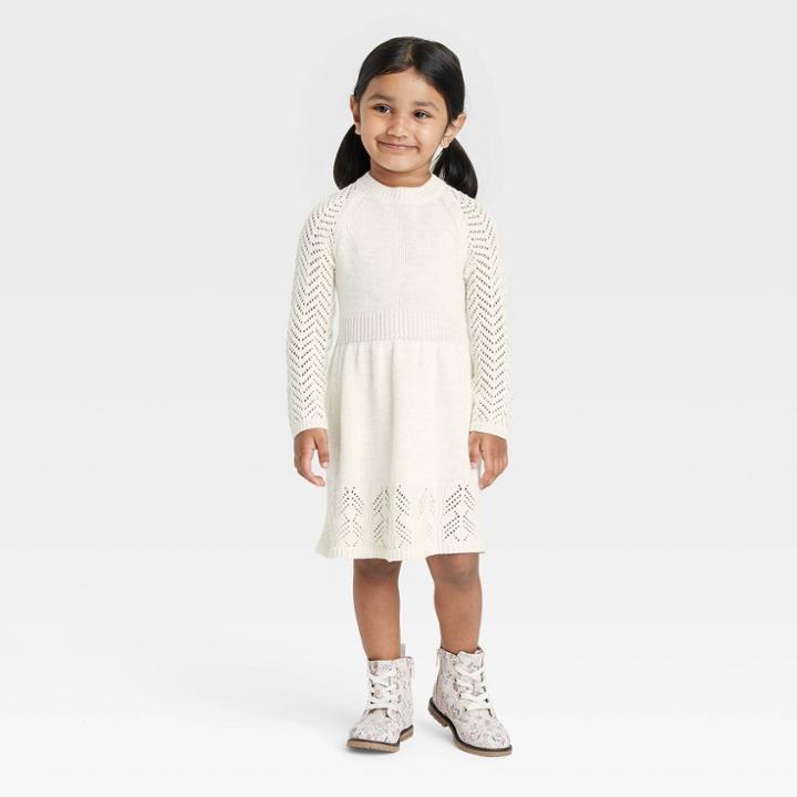 Toddler Girls' Sparkle Crochet Long Sleeve Sweater Dress - Cat & Jack Cream