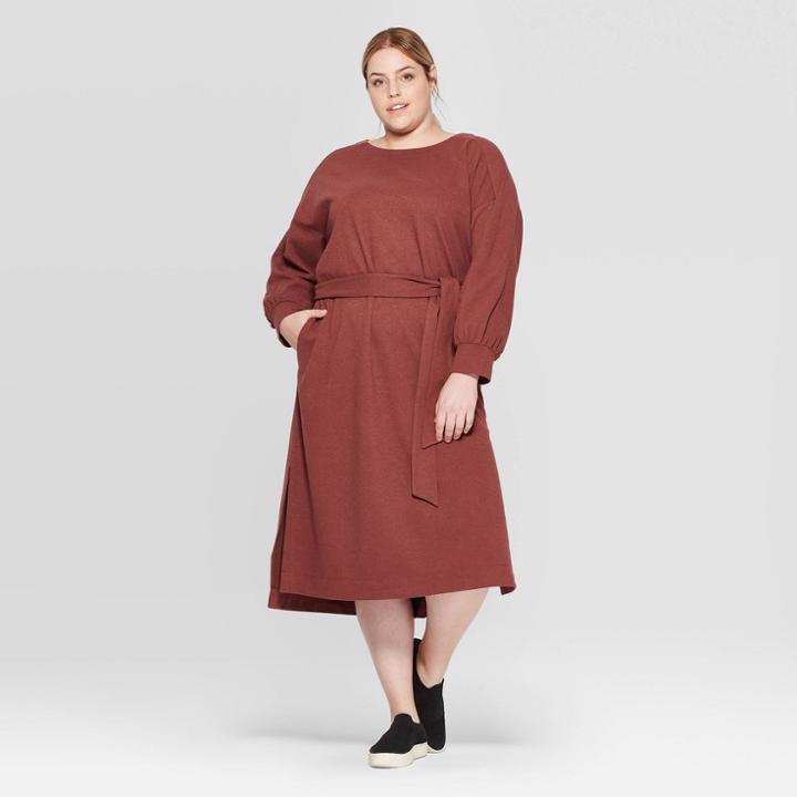 Women's Plus Size Long Sleeve Boat Neck Midi Sweater Dress - Prologue Red X, Women's