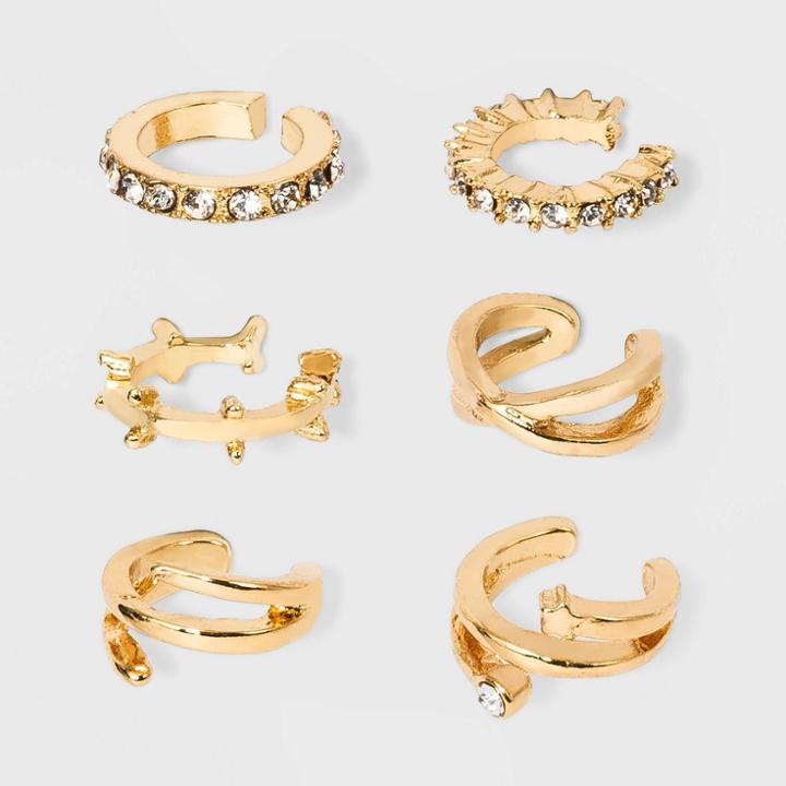 Gold-tone With Cubic Zirconia, Acrylic Crystal Stones Hoop Ear Cuffs - Wild Fable Gold