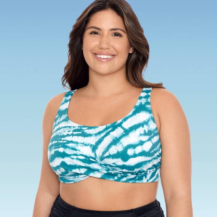 Women's Plus Size Slimming Control Wrap-front Bikini Top - Beach Betty By Miracle Brands Teal/green Tie-dye