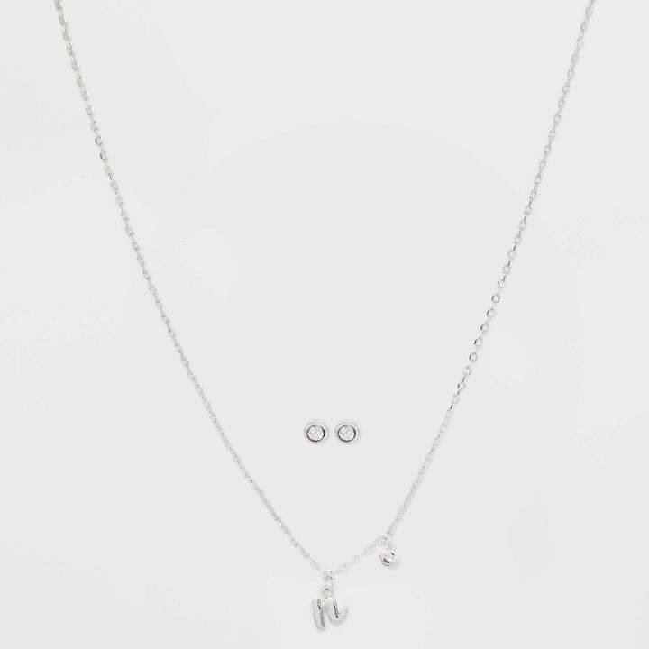 Silver Plated Cubic Zirconia Initial 'n' Chain Pendant Necklace And Earring Set - A New Day