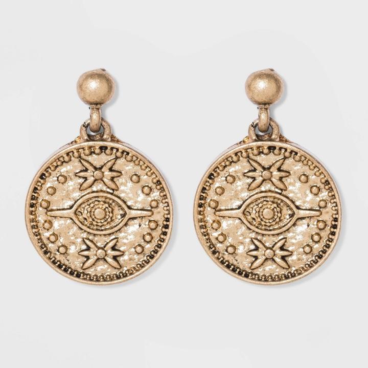 Ball Post And Etched Disc Drop Earrings - Universal Thread Gold, Women's,