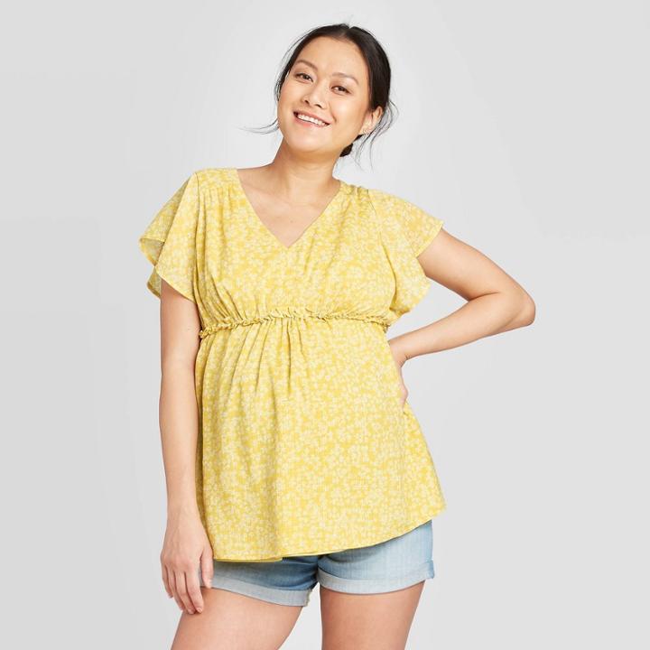 Maternity Floral Print Short Sleeve Ruffle Bump Woven Blouse - Isabel Maternity By Ingrid & Isabel Yellow