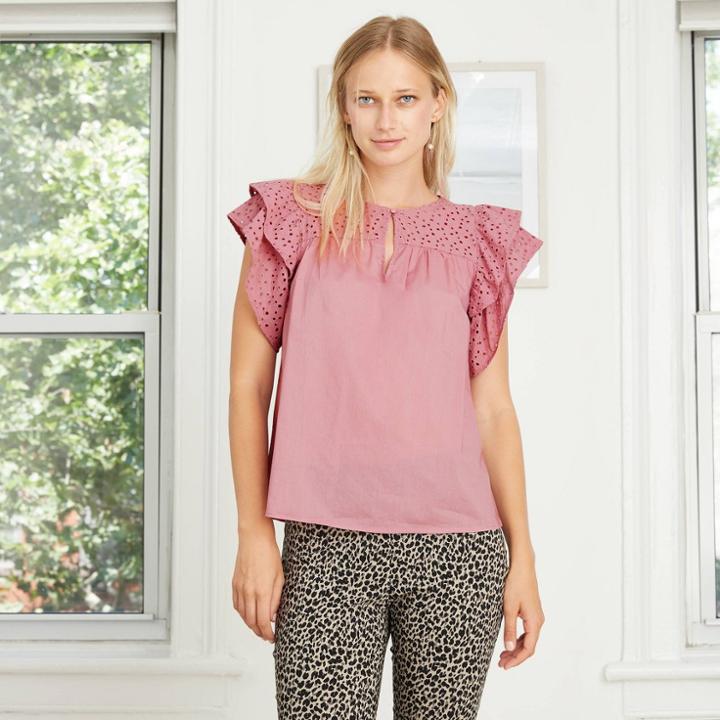 Women's Short Sleeve Eyelet Top - A New Day Purple