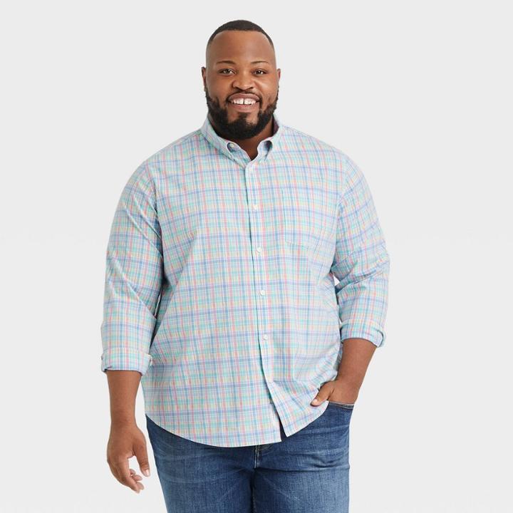 Men's Tall Plaid Standard Fit Long Sleeve Button-down Shirt - Goodfellow & Co Aqua Blue/plaid