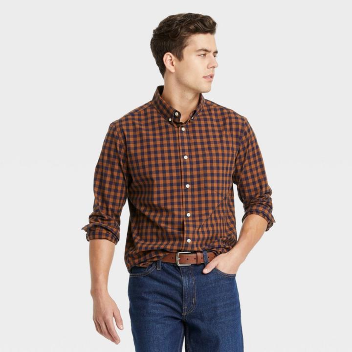 Men's Checked Regular Fit Stretch Poplin Long Sleeve Button-down Shirt - Goodfellow & Co Gold/check