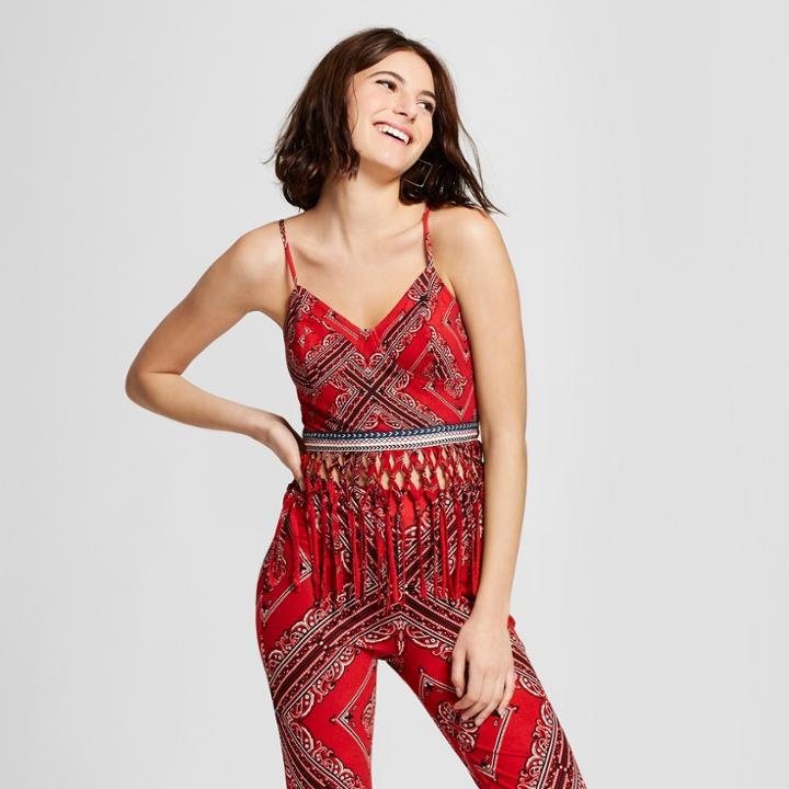 Women's Bandana Print Fringe Corset Top - Xhilaration Red