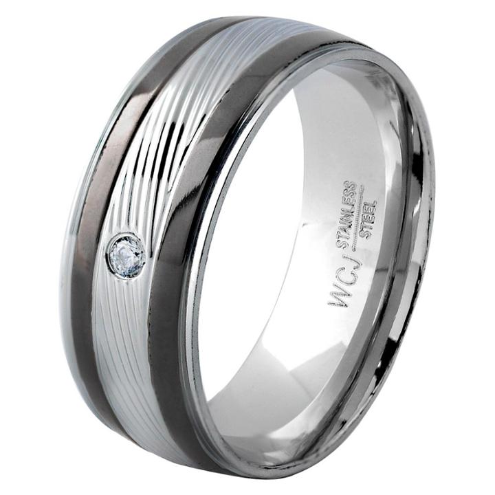Men's West Coast Jewelry Blacktone And Silverplated Stainless Steel Cubic Zirconia Grooved Ring (7),