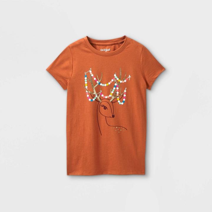 Girls' 'festive Deer' Short Sleeve Graphic T-shirt - Cat & Jack Dark Orange