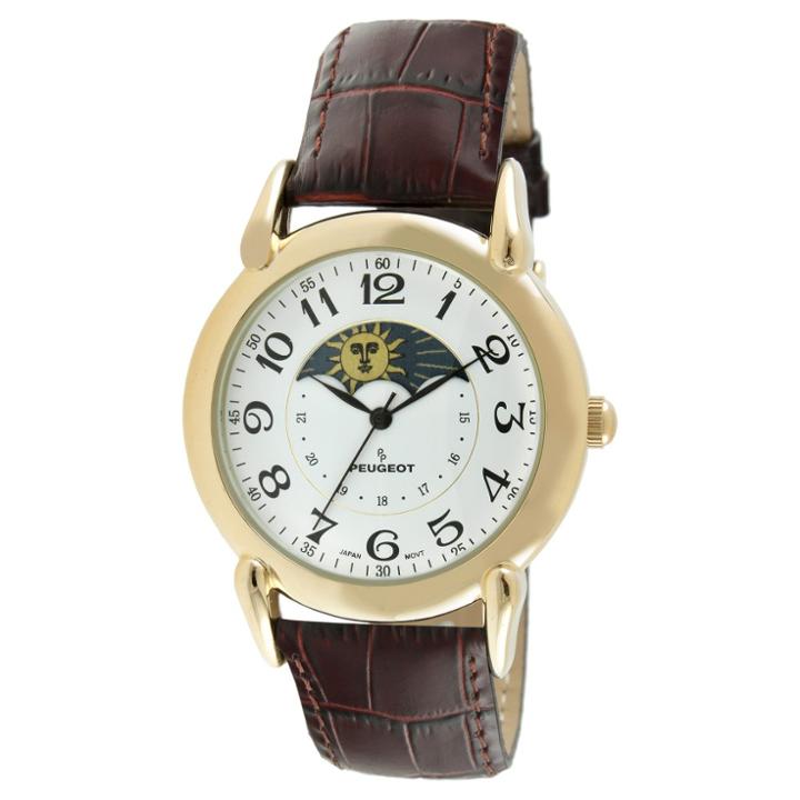Peugeot Watches Peugeot Unisex 14k Gold Plated Sun Moon Phase Leather Watch/brown