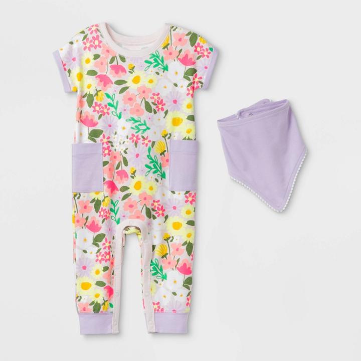 Baby Girls' Floral Romper With Bib - Cat & Jack Purple Newborn, Girl's