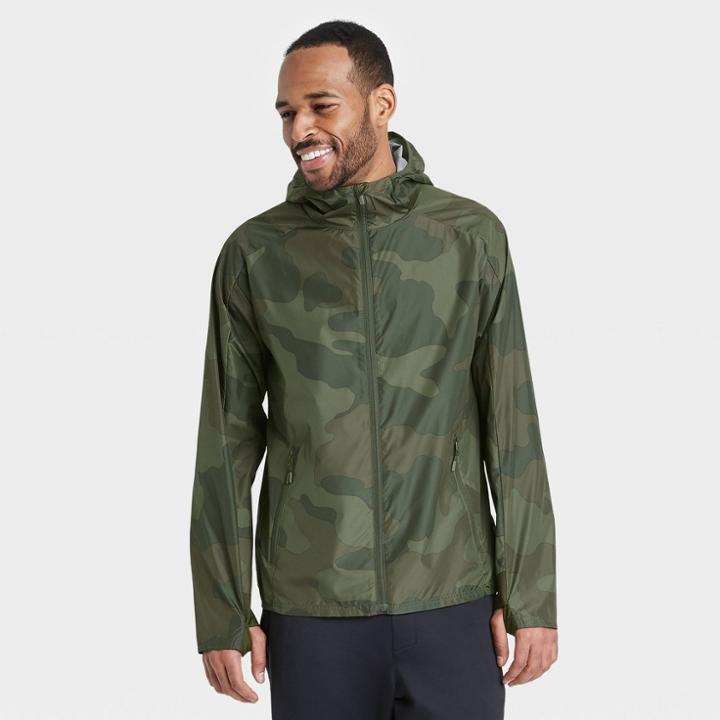 Men's Camo Print Windbreaker Jacket - All In Motion Olive Green