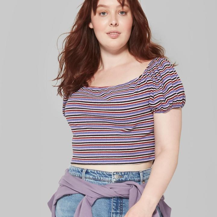 Women's Plus Size Striped Short Sleeve Cropped Off The Shoulder Short Sleeve Top - Wild Fable Purple 4x,