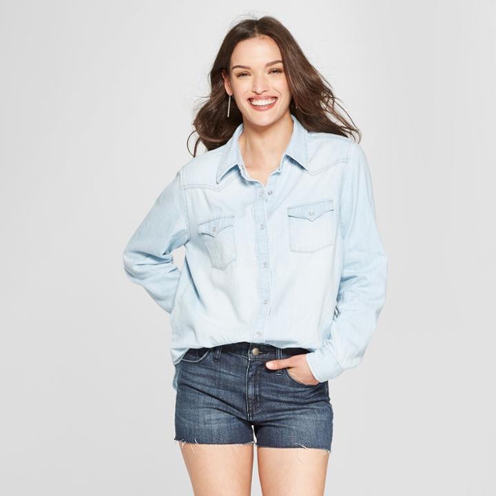 Women's Western Denim Long Sleeve Shirt - Universal Thread Light Wash