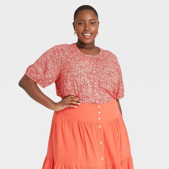 Women's Plus Size Floral Print Short Sleeve Button-front Blouse - Universal Thread Red