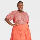 Women's Plus Size Floral Print Short Sleeve Button-front Blouse - Universal Thread Red