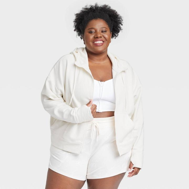 Women's Plus Size Ribbed Fleece Cropped Hooded Sweatshirt - All In Motion Cream