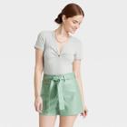 Women's Short Sleeve V-neck Linen T-shirt - A New Day Green