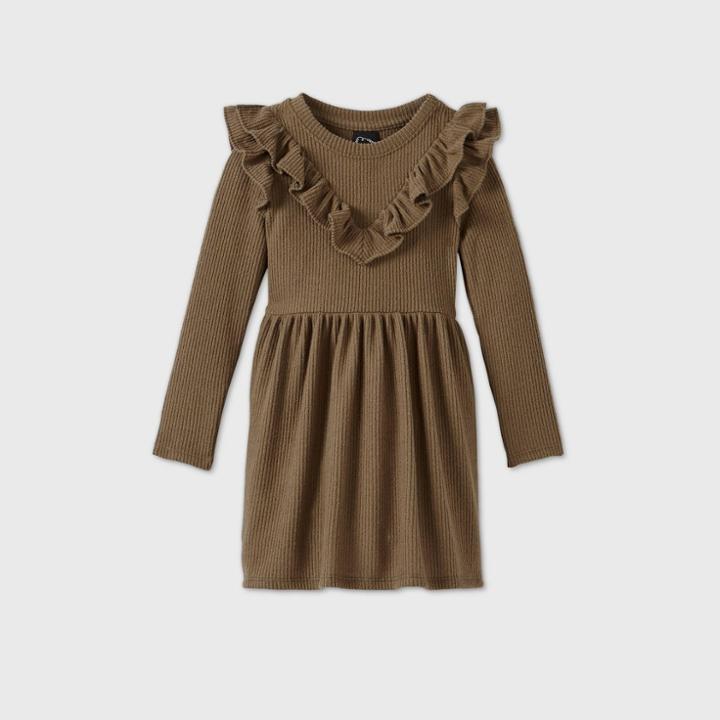 Toddler Girls' Ruffle Ribbed Long Sleeve Dress - Art Class Olive Green