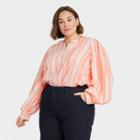 Women's Plus Size Multi Striped Long Sleeve Button-down Femme Top - A New Day Coral