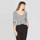 Women's Striped Regular Fit Long Sleeve V-neck T-shirt - A New Day Cream M, Women's, Size: