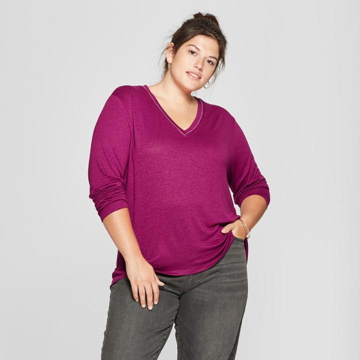 Women's Plus Size Knit V-neck Long Sleeve Top - Ava & Viv Berry Heather
