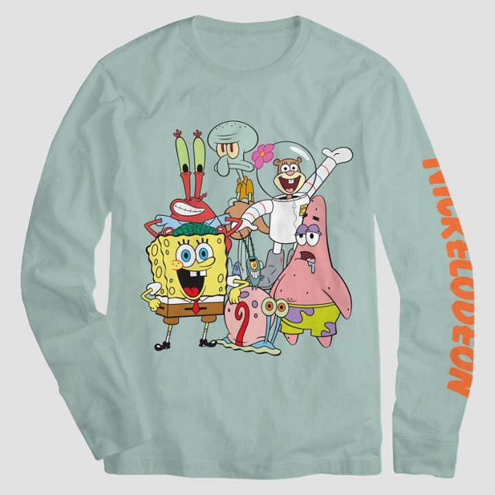 Spongebob Squarepants Men's Spongebob Square Pants Long Sleeve Graphic T-shirt - Aqua