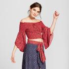 Women's Floral Print Long Sleeve Lace-up Crop Top - Xhilaration Red Ditsy