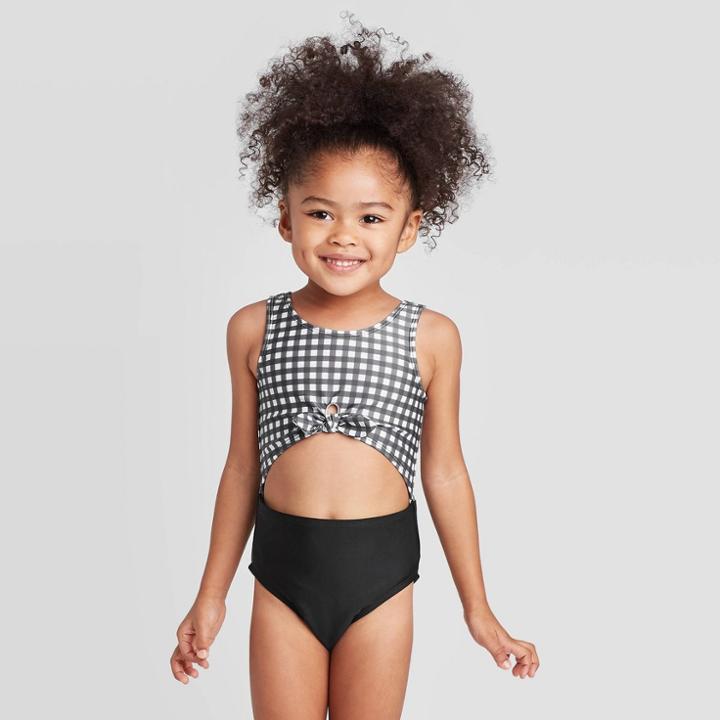 Toddler Girls' Gingham Retro Tie Front One Piece Swimsuit - Cat & Jack Black 2t, Toddler Girl's