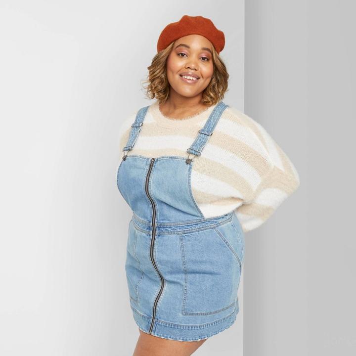 Women's Plus Size Zip Front Square Neck Denim Pinafore Mini Dress - Wild Fable Medium Wash 1x, Women's, Size: