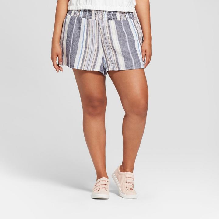 Women's Plus Size Striped Shorts - A New Day Navy/cream