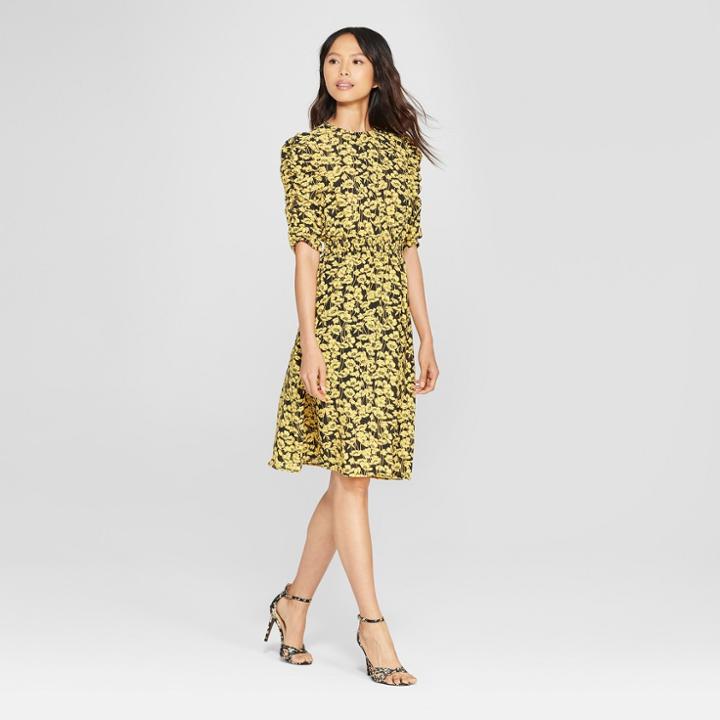 Women's Floral Print Smocked Waist Dress - Who What Wear Yellow/black L, Yellow/black Floral