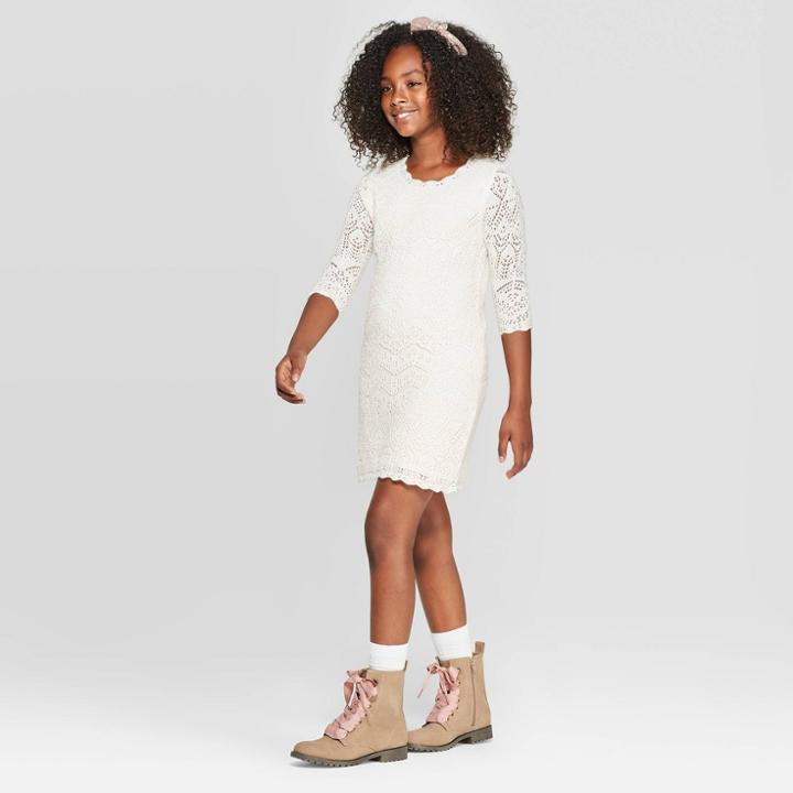 Girls' 3/4 Sleeve Shine Crochet Sweater Dress - Cat & Jack Cream Xs, Girl's, White