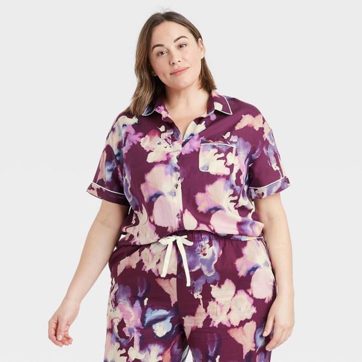 Women's Plus Size Floral Print Simply Cool Short Sleeve Button-up Shirt - Stars Above Purple