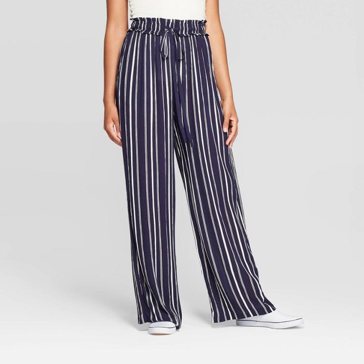 Women's Striped Tie Front Paperbag Waist Palazzo Pants - Xhilaration Navy S, Size: