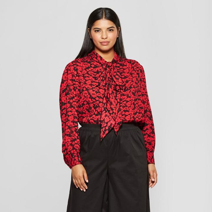 Women's Plus Size Floral Print Long Sleeve Exaggerated Tie Neck Blouse - Who What Wear Red/black 3x, Red/black Floral