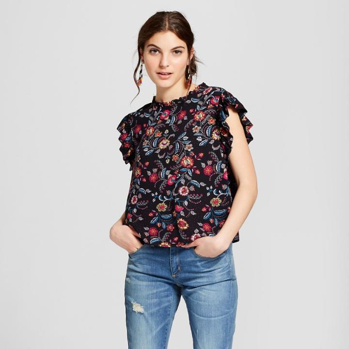Women's Sleeveless Flutter Floral Print Top - Xhilaration Black