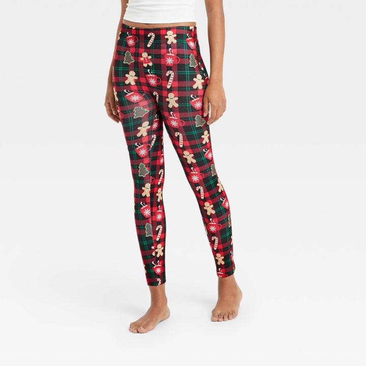 Women's Holiday Plaid Seamless Fleece Lined Leggings - Wondershop Black/red