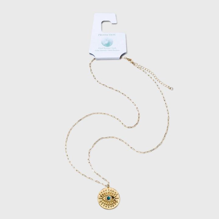 No Brand Evil Eye With Turquoise Bead Pendant Chain Necklace - Gold