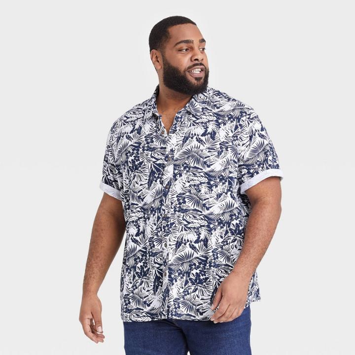 Men's Tall Floral Print Standard Fit Short Sleeve Button-down Shirt - Goodfellow & Co Dark Blue/floral