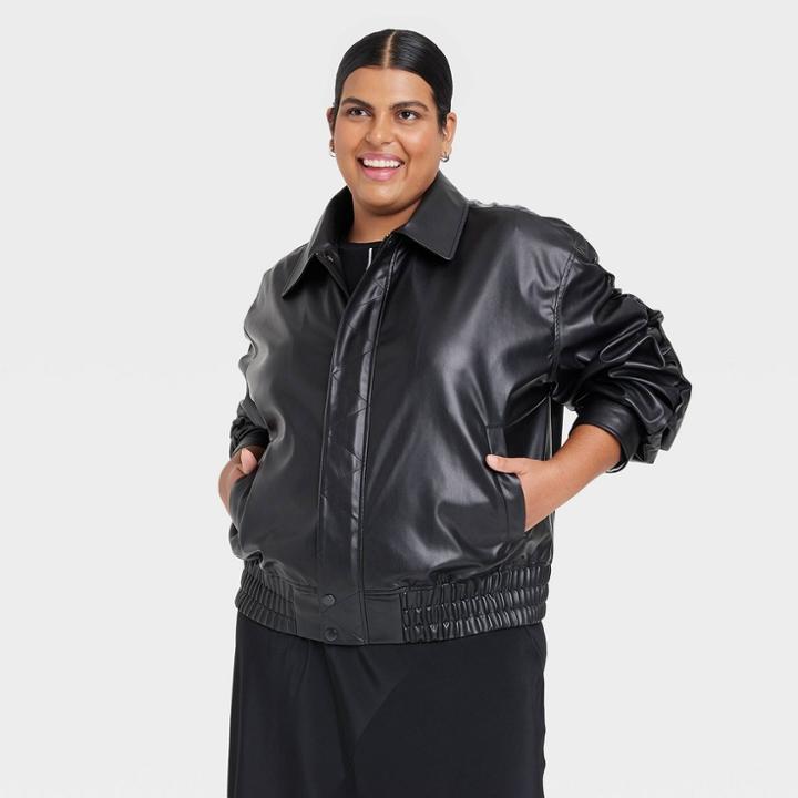Women's Plus Size Faux Leather Bomber Jacket - Ava & Viv Black