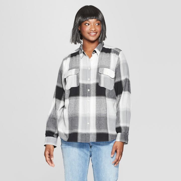 Women's Plus Size Plaid Long Sleeve Flannel Shirt - Universal Thread Black