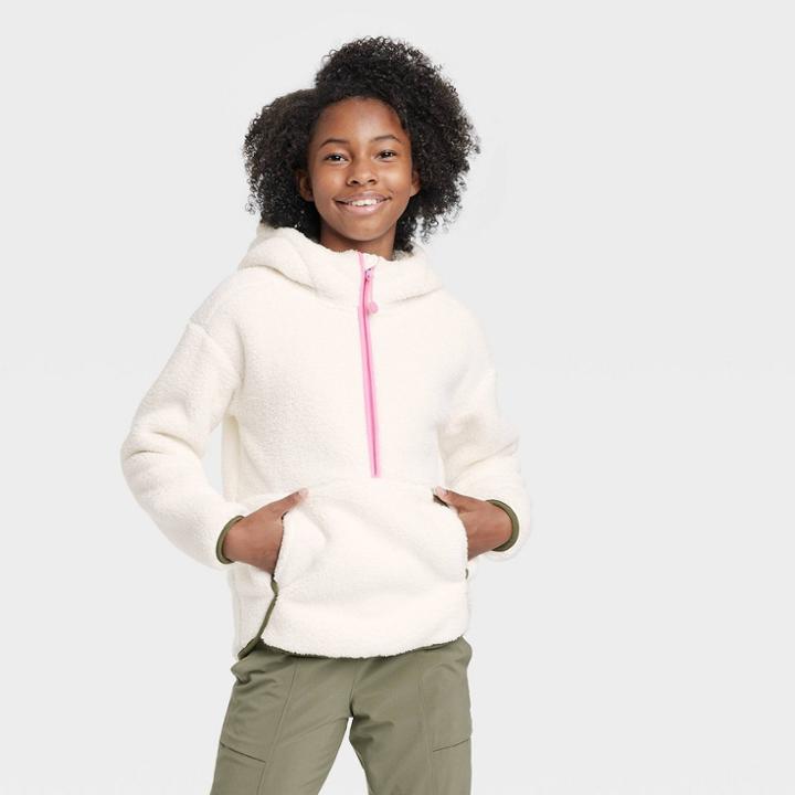 Girls' Sherpa Fleece 1/2 Zip Pullover Sweatshirt - All In Motion Cream