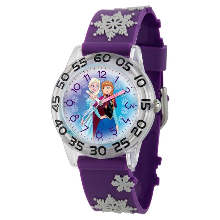 Girls' Disney Frozen Elsa And Anna Clear Plastic Time Teacher Watch - Purple